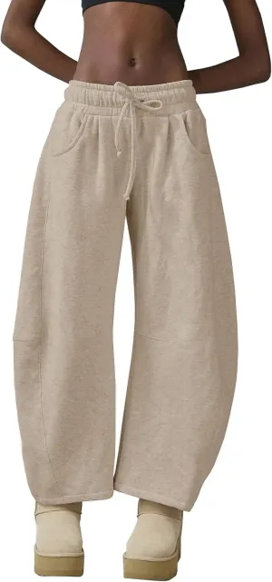 Womens Barrel Leg Sweatpant Mid Rise Elastic Waist Drawstring Casual Baggy Wide Leg Pants with Pockets
