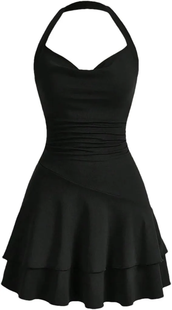 Women's Basics Halter Neck Ruffle Pleated A Line Mini Dresses