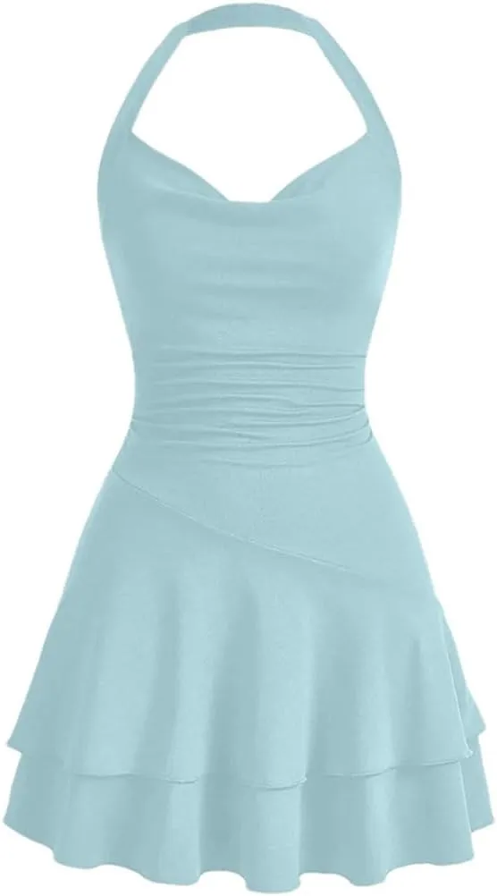Women's Basics Halter Neck Ruffle Pleated A Line Mini Dresses