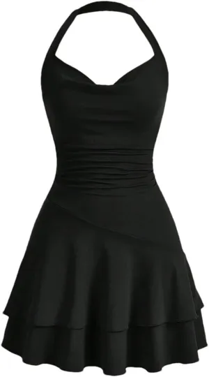 Women's Basics Halter Neck Ruffle Pleated A Line Mini Dresses