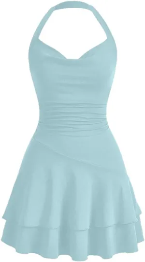 Women's Basics Halter Neck Ruffle Pleated A Line Mini Dresses