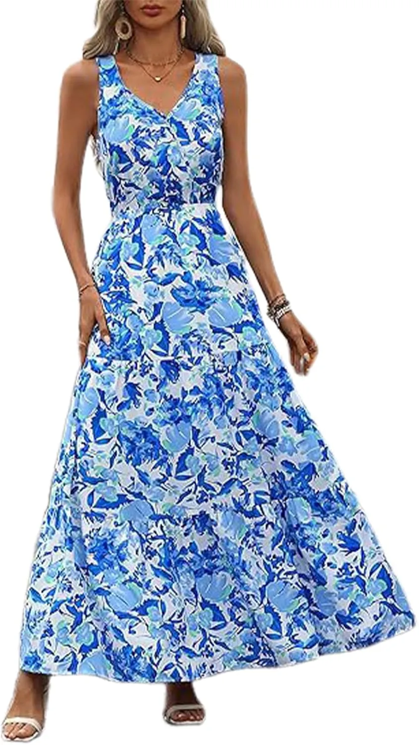 Women's Boho Floral Sleeveless A Line Dress Casual V Neck Flowy Maxi Sundress Summer Beach Vacation Clothes 2025