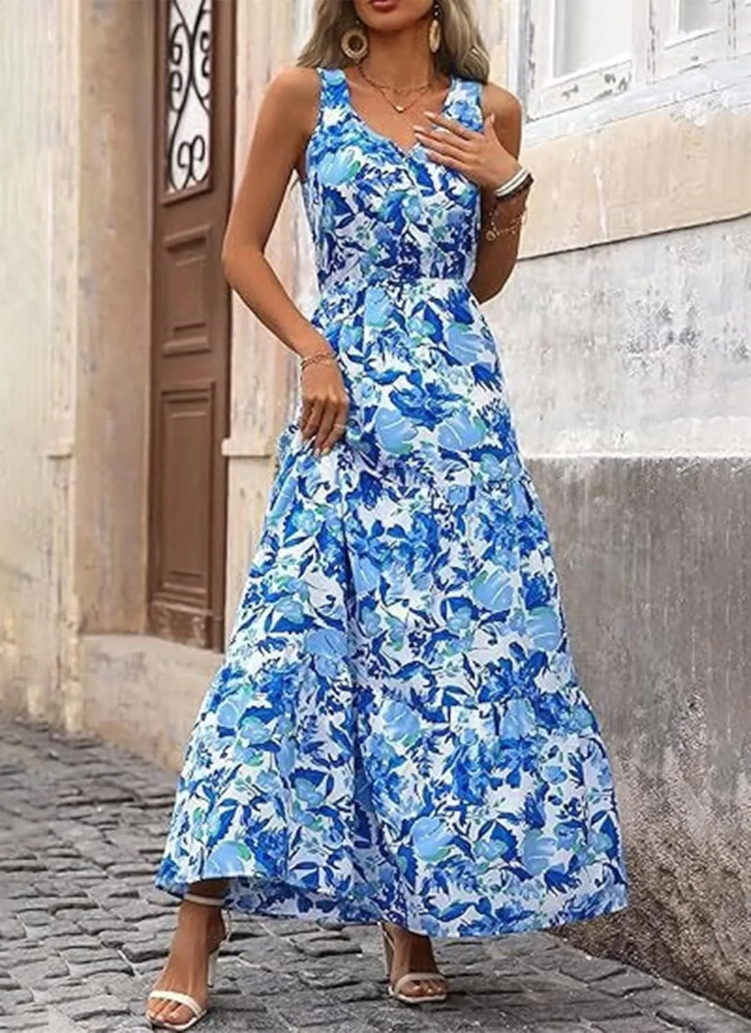 Women's Boho Floral Sleeveless A Line Dress Casual V Neck Flowy Maxi Sundress Summer Beach Vacation Clothes 2025