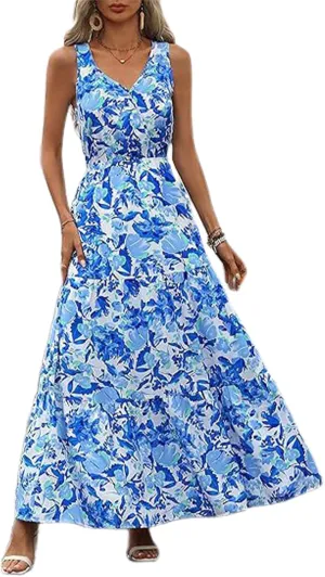 Women's Boho Floral Sleeveless A Line Dress Casual V Neck Flowy Maxi Sundress Summer Beach Vacation Clothes 2025