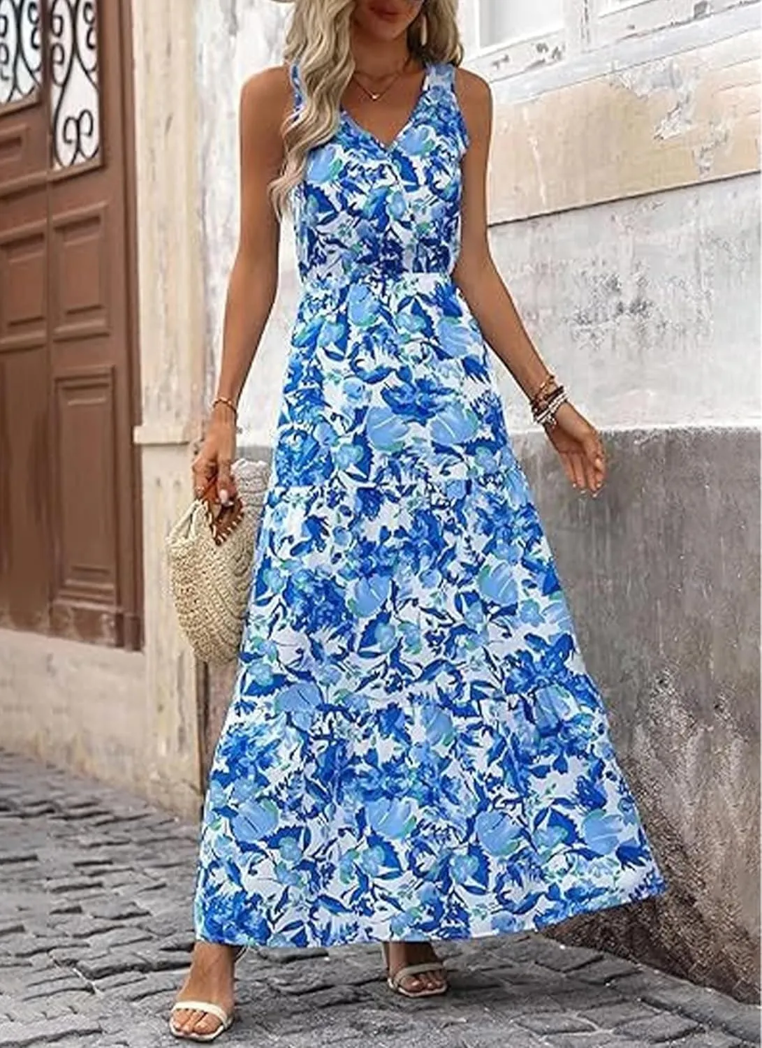 Women's Boho Floral Sleeveless A Line Dress Casual V Neck Flowy Maxi Sundress Summer Beach Vacation Clothes 2025