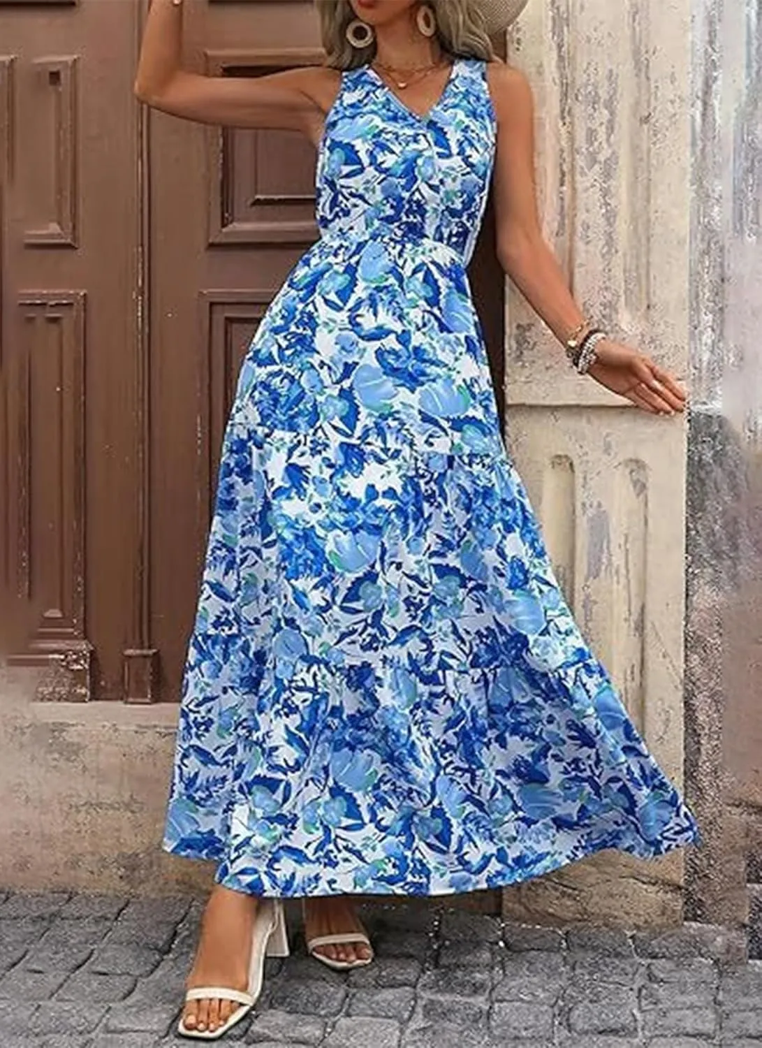 Women's Boho Floral Sleeveless A Line Dress Casual V Neck Flowy Maxi Sundress Summer Beach Vacation Clothes 2025