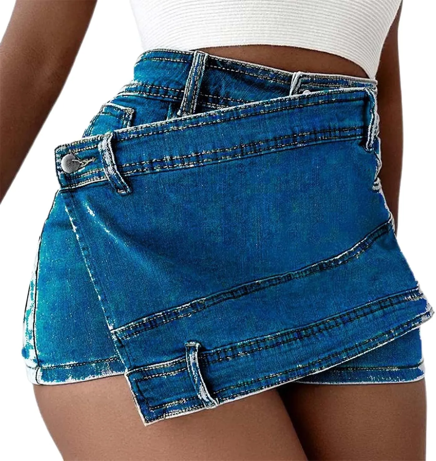 Women's Casual High Waisted Button Front Jean Shorts Denim Wrap Skort Skirt with Pocket Ruffle Trim Denim Skort