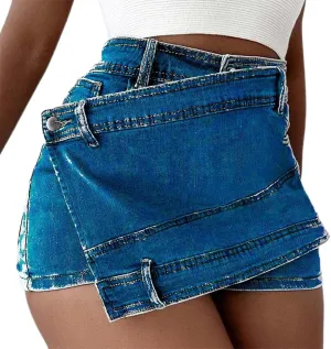 Women's Casual High Waisted Button Front Jean Shorts Denim Wrap Skort Skirt with Pocket Ruffle Trim Denim Skort