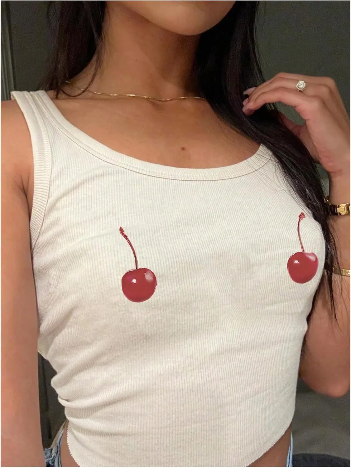 Women's Cherry Print Cropped Tank Top Scoop Neck Sleeveless Slim Fit Summer Tops