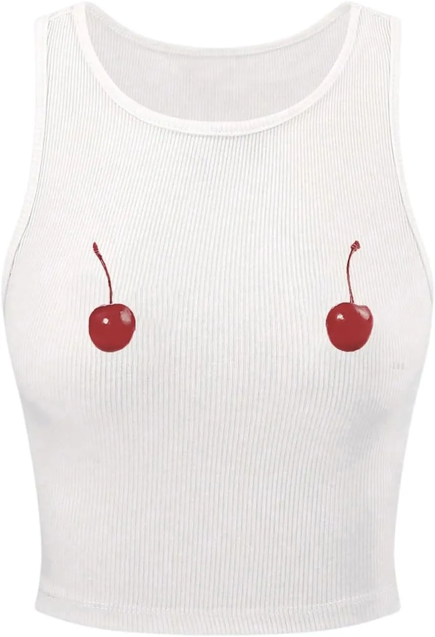 Women's Cherry Print Cropped Tank Top Scoop Neck Sleeveless Slim Fit Summer Tops