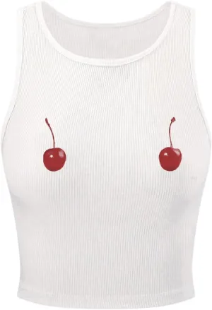 Women's Cherry Print Cropped Tank Top Scoop Neck Sleeveless Slim Fit Summer Tops