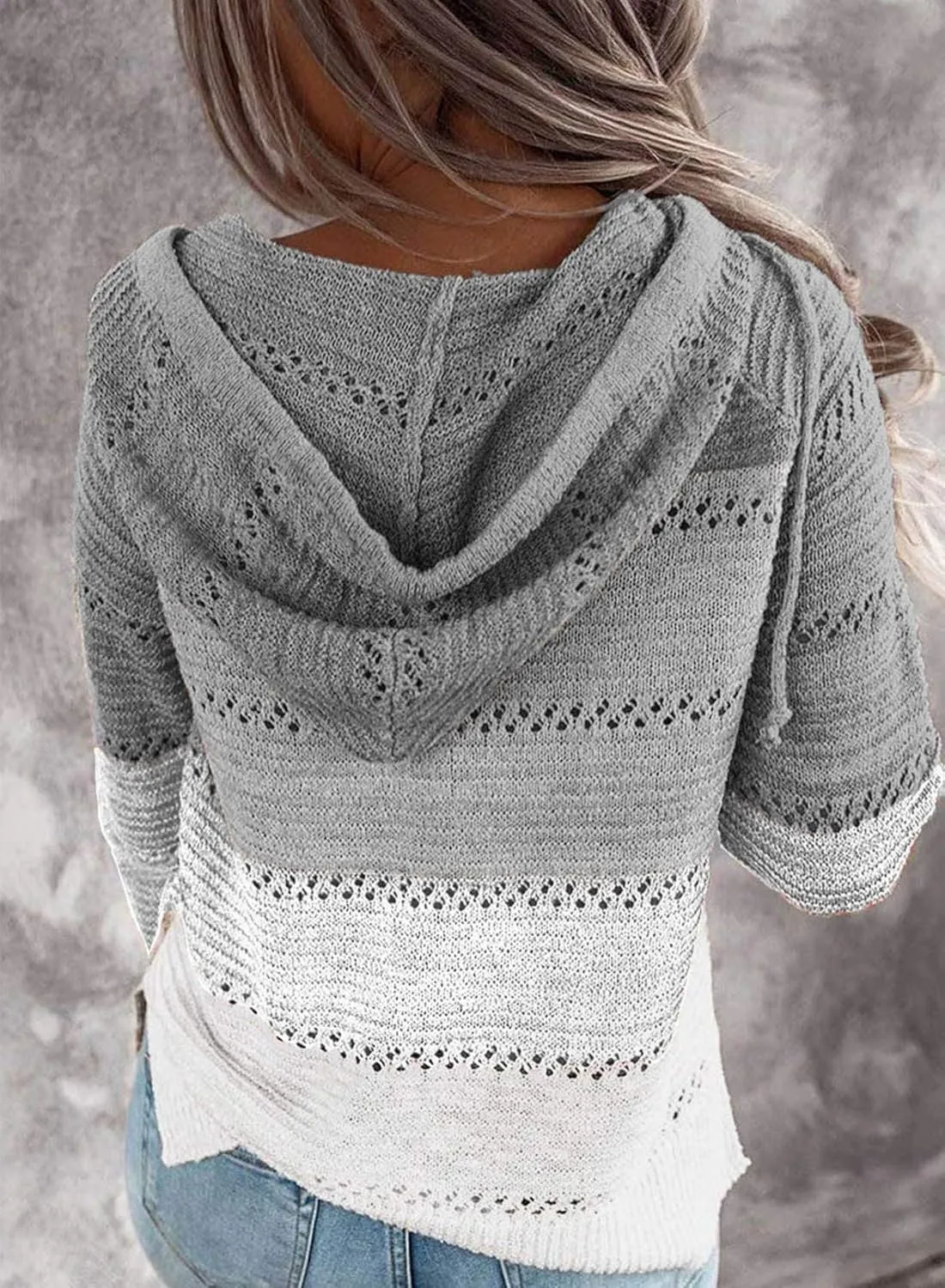 Women's Color Block Knit Hoodies Sweaters V Neck Drawstring Lightweight Pullover Sweatshirts & Zip up