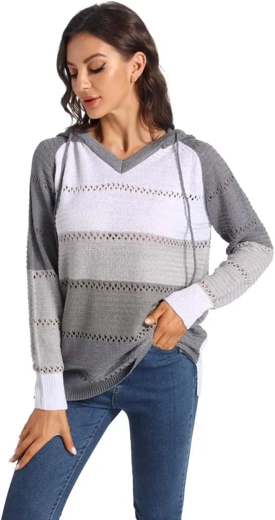 Women's Color Block Knit Hoodies Sweaters V Neck Drawstring Lightweight Pullover Sweatshirts & Zip up
