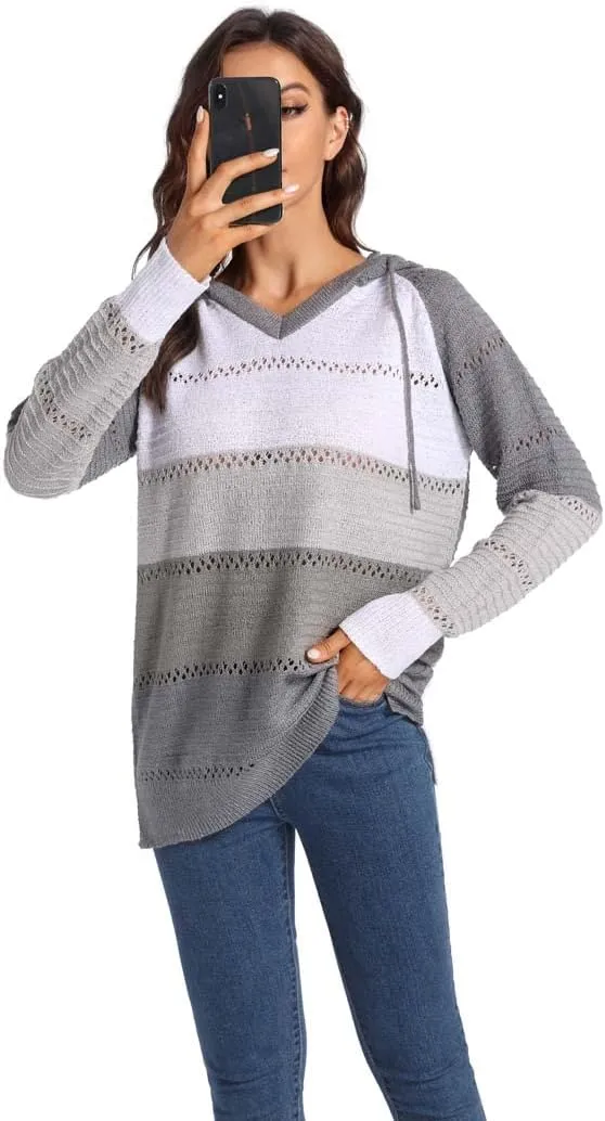 Women's Color Block Knit Hoodies Sweaters V Neck Drawstring Lightweight Pullover Sweatshirts & Zip up