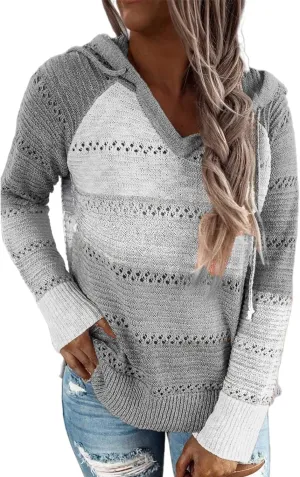 Women's Color Block Knit Hoodies Sweaters V Neck Drawstring Lightweight Pullover Sweatshirts & Zip up