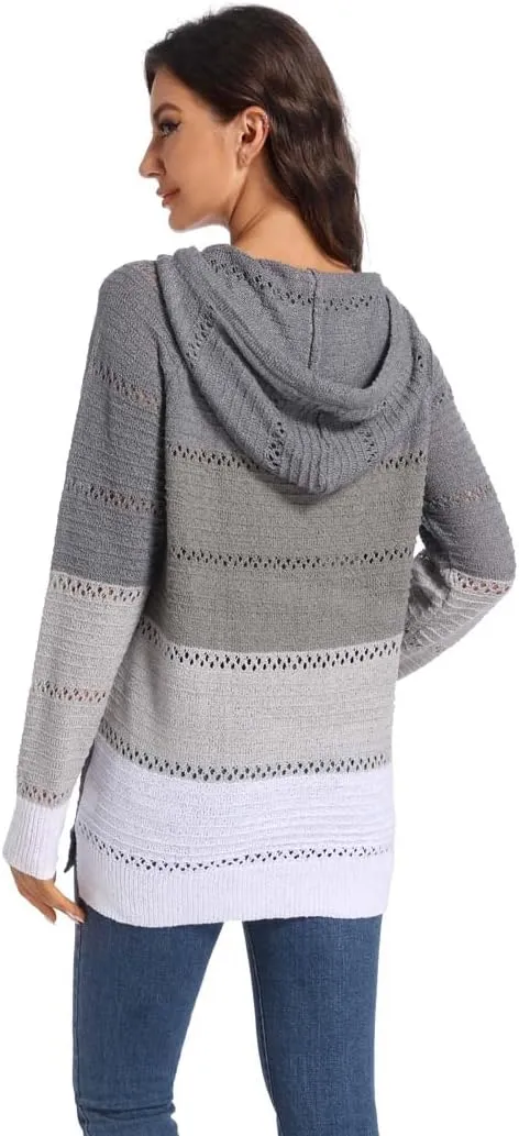 Women's Color Block Knit Hoodies Sweaters V Neck Drawstring Lightweight Pullover Sweatshirts & Zip up