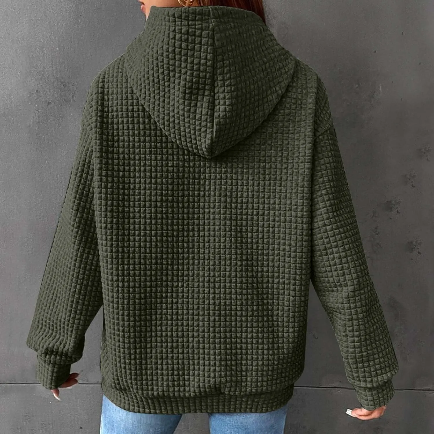 Womens Comfort Hoodies for Anxiety Casual Long Sleeve Drawstring Waffle Pullover Loose Hooded Sweatshirt with Pocket