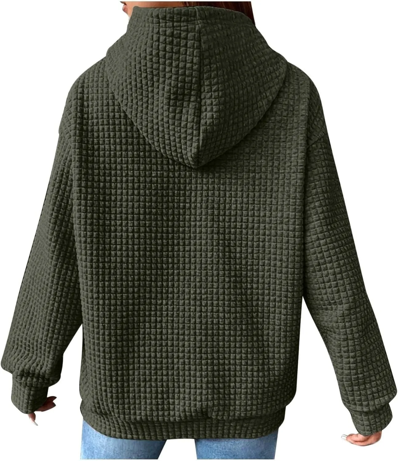 Womens Comfort Hoodies for Anxiety Casual Long Sleeve Drawstring Waffle Pullover Loose Hooded Sweatshirt with Pocket