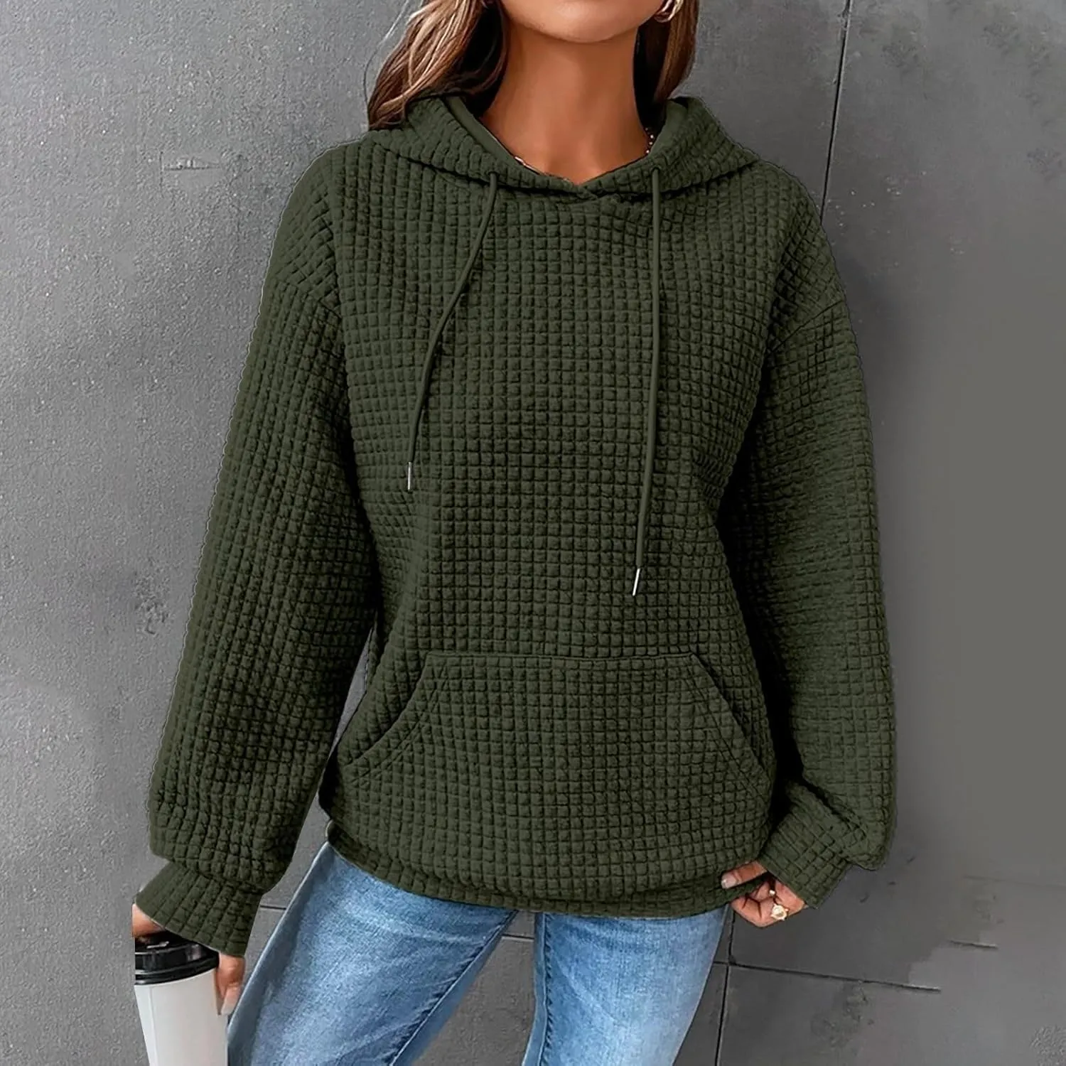 Womens Comfort Hoodies for Anxiety Casual Long Sleeve Drawstring Waffle Pullover Loose Hooded Sweatshirt with Pocket
