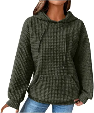 Womens Comfort Hoodies for Anxiety Casual Long Sleeve Drawstring Waffle Pullover Loose Hooded Sweatshirt with Pocket