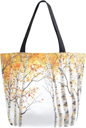 Womens Extra Large Canvas Shoulder Grocery Tote Bag, Autumn Forest Birch Trees Durable Daily Handle Bag for Gym Yoga Weekender Picnic Beach Travel Kitchen Reusable Market Shopping