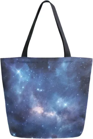 Womens Extra Large Canvas Shoulder Grocery Tote Bag, Beautiful Galaxy Nebula Stars Durable Daily Handle Bag for Gym Yoga Weekender Picnic Beach Travel Kitchen Reusable Market Shopping