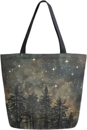 Womens Extra Large Canvas Shoulder Grocery Tote Bag, Forest Trees in Starry Sky Durable Daily Handle Bag for Gym Yoga Weekender Picnic Beach Travel Kitchen Reusable Market Shopping