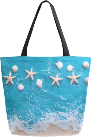 Womens Extra Large Shoulder Grocery Tote Bag, Beautiful Ocean Beach Painting Shells Starfish Canvas Durable Daily Handle Bag Reusable for Gym Yoga Weekender Picnic Beach Travel Kitchen Market Shopping
