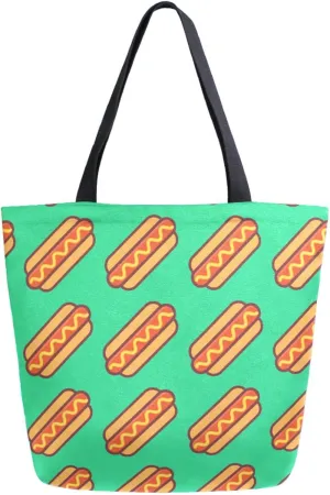 Womens Extra Large Shoulder Grocery Tote Bag, Lovey Hotdogs Pattern Green Canvas Durable Daily Handle Bag Reusable for Gym Yoga Weekender Picnic Beach Travel Kitchen Market Shopping