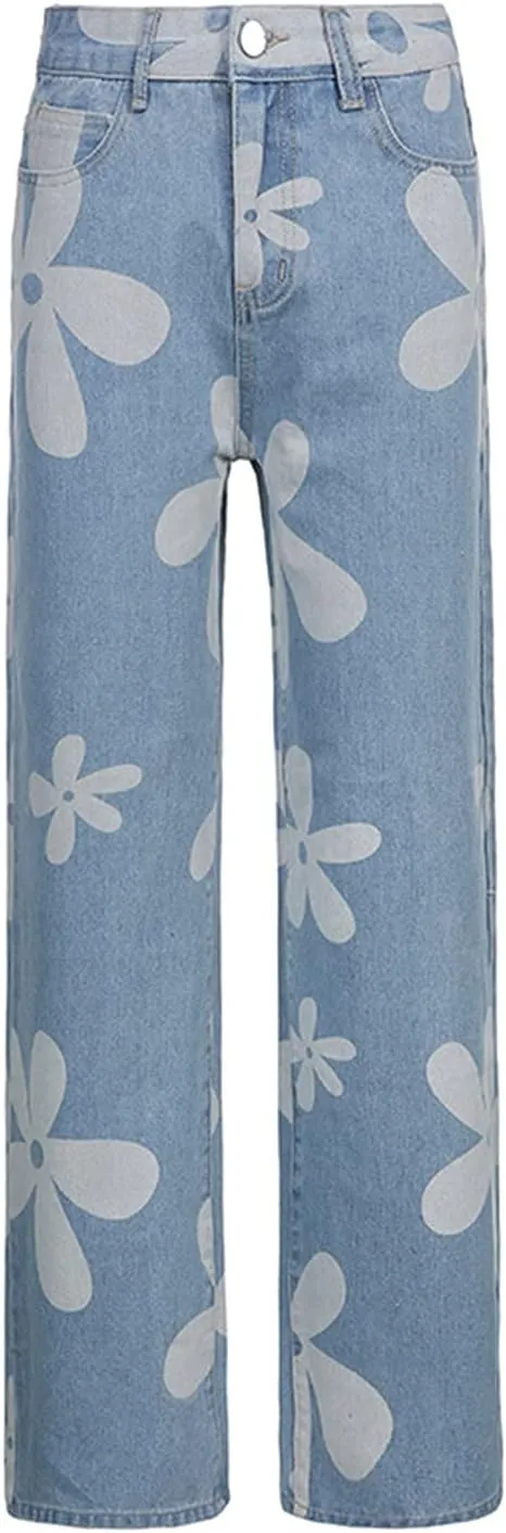 Women's Flower Print Y2K Fashion Wide Leg High Waist Denim Pants Boyfriend Jeans Loose Fit Vintage Jeans for Teen Girls