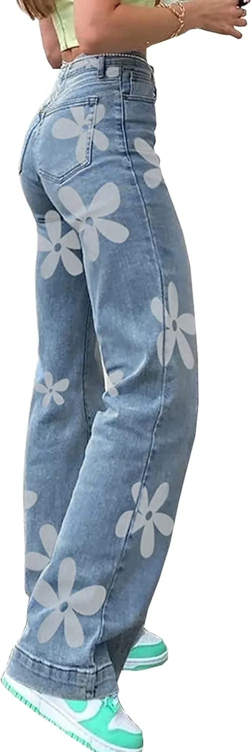 Women's Flower Print Y2K Fashion Wide Leg High Waist Denim Pants Boyfriend Jeans Loose Fit Vintage Jeans for Teen Girls