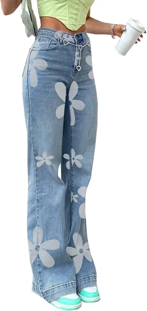 Women's Flower Print Y2K Fashion Wide Leg High Waist Denim Pants Boyfriend Jeans Loose Fit Vintage Jeans for Teen Girls