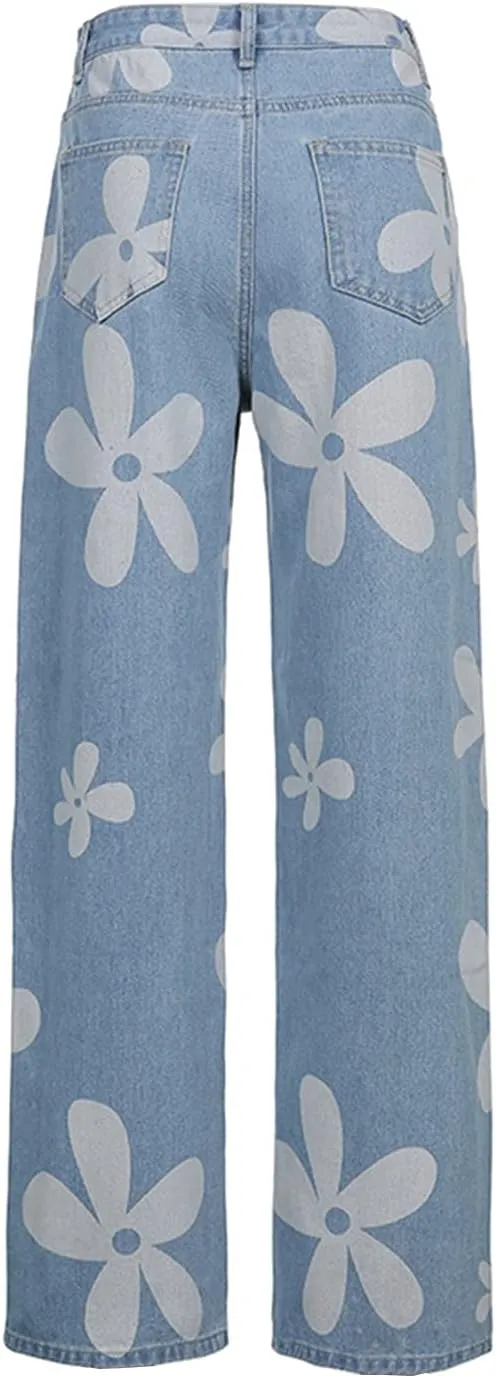 Women's Flower Print Y2K Fashion Wide Leg High Waist Denim Pants Boyfriend Jeans Loose Fit Vintage Jeans for Teen Girls
