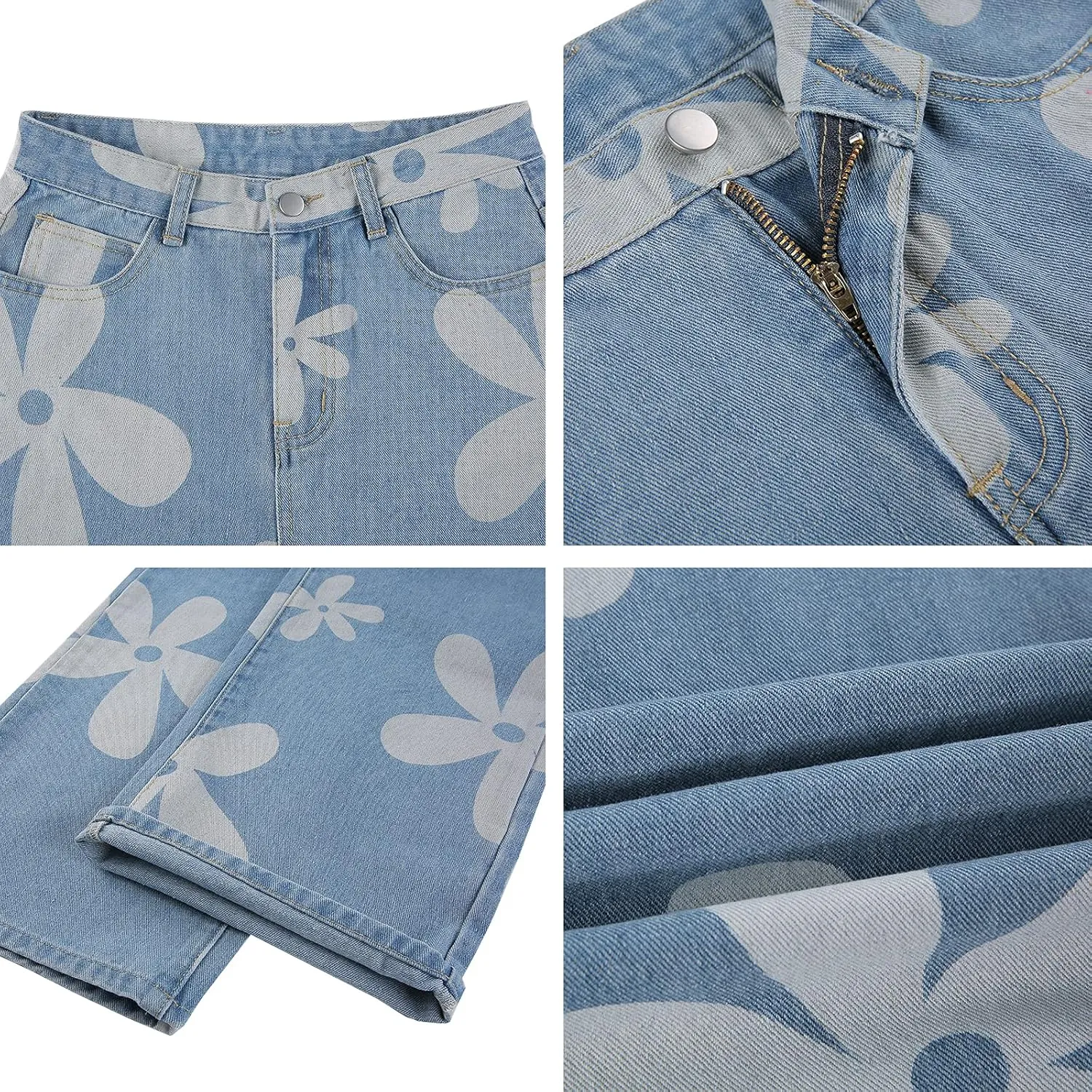 Women's Flower Print Y2K Fashion Wide Leg High Waist Denim Pants Boyfriend Jeans Loose Fit Vintage Jeans for Teen Girls