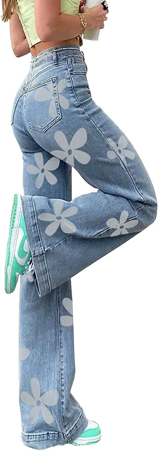 Women's Flower Print Y2K Fashion Wide Leg High Waist Denim Pants Boyfriend Jeans Loose Fit Vintage Jeans for Teen Girls