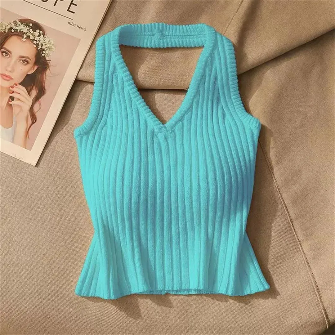 Women's Halter Backless Solid Color Screw Thread Short Sleeveless Slim Sweater Vest Knitted Camisole Tops
