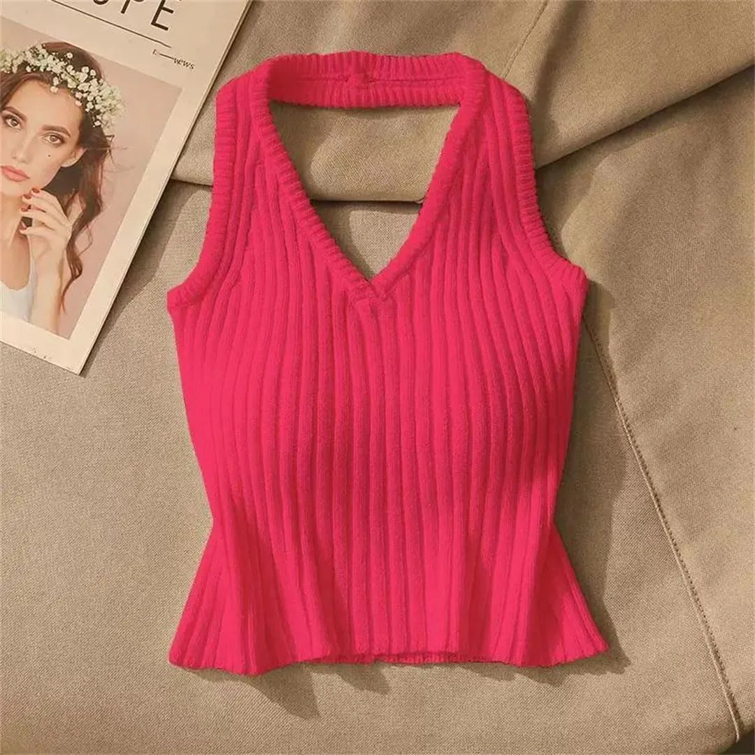 Women's Halter Backless Solid Color Screw Thread Short Sleeveless Slim Sweater Vest Knitted Camisole Tops