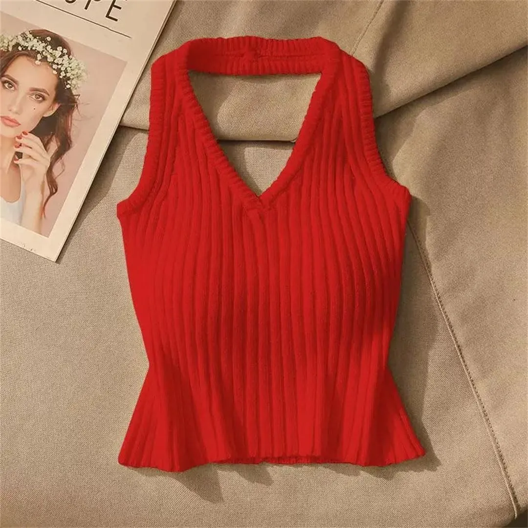 Women's Halter Backless Solid Color Screw Thread Short Sleeveless Slim Sweater Vest Knitted Camisole Tops