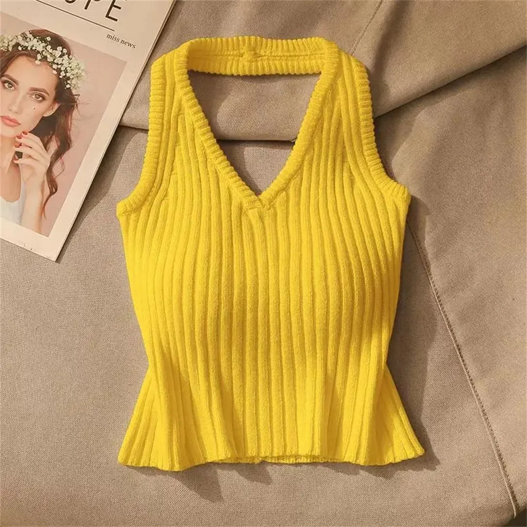Women's Halter Backless Solid Color Screw Thread Short Sleeveless Slim Sweater Vest Knitted Camisole Tops