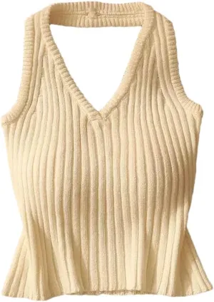 Women's Halter Backless Solid Color Screw Thread Short Sleeveless Slim Sweater Vest Knitted Camisole Tops