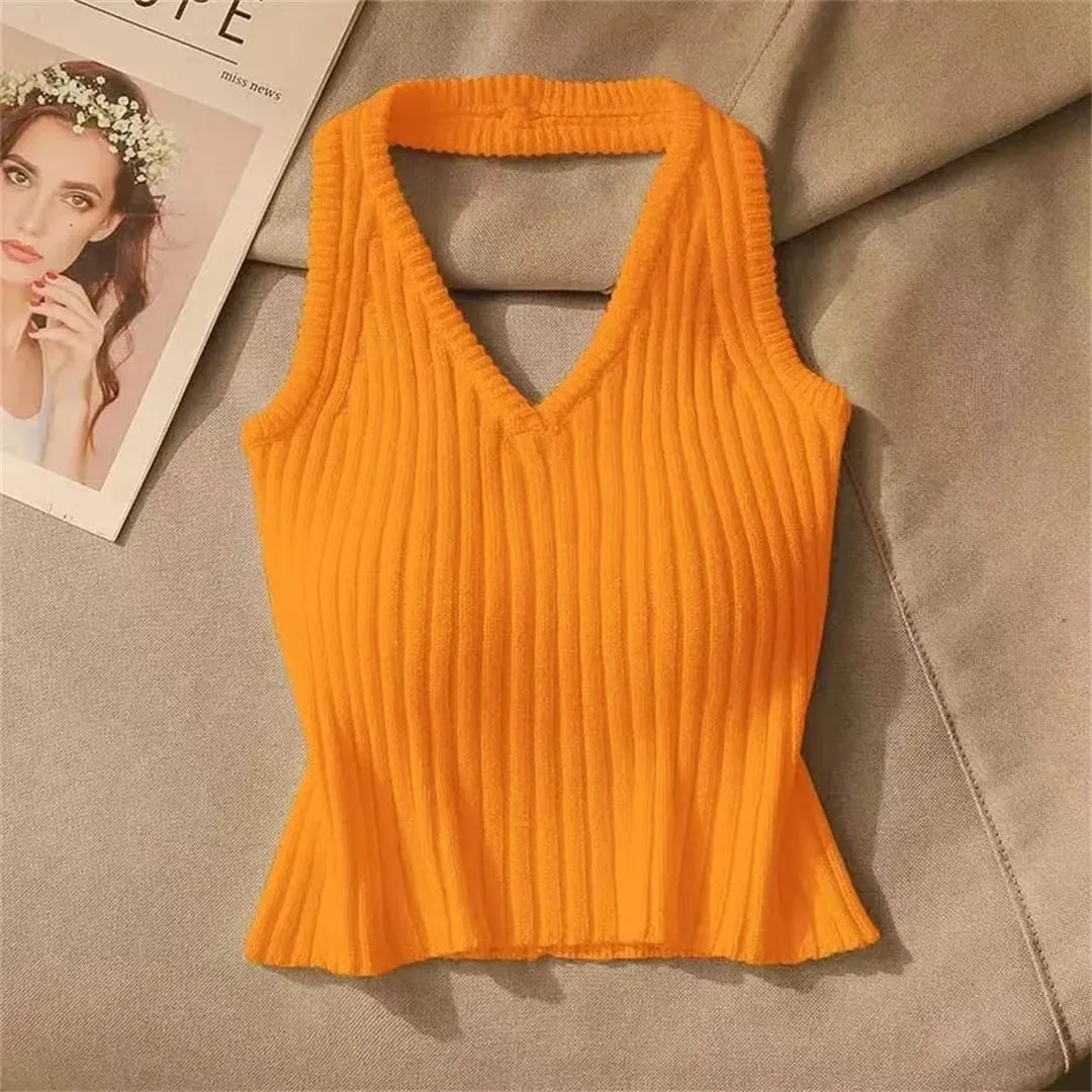 Women's Halter Backless Solid Color Screw Thread Short Sleeveless Slim Sweater Vest Knitted Camisole Tops