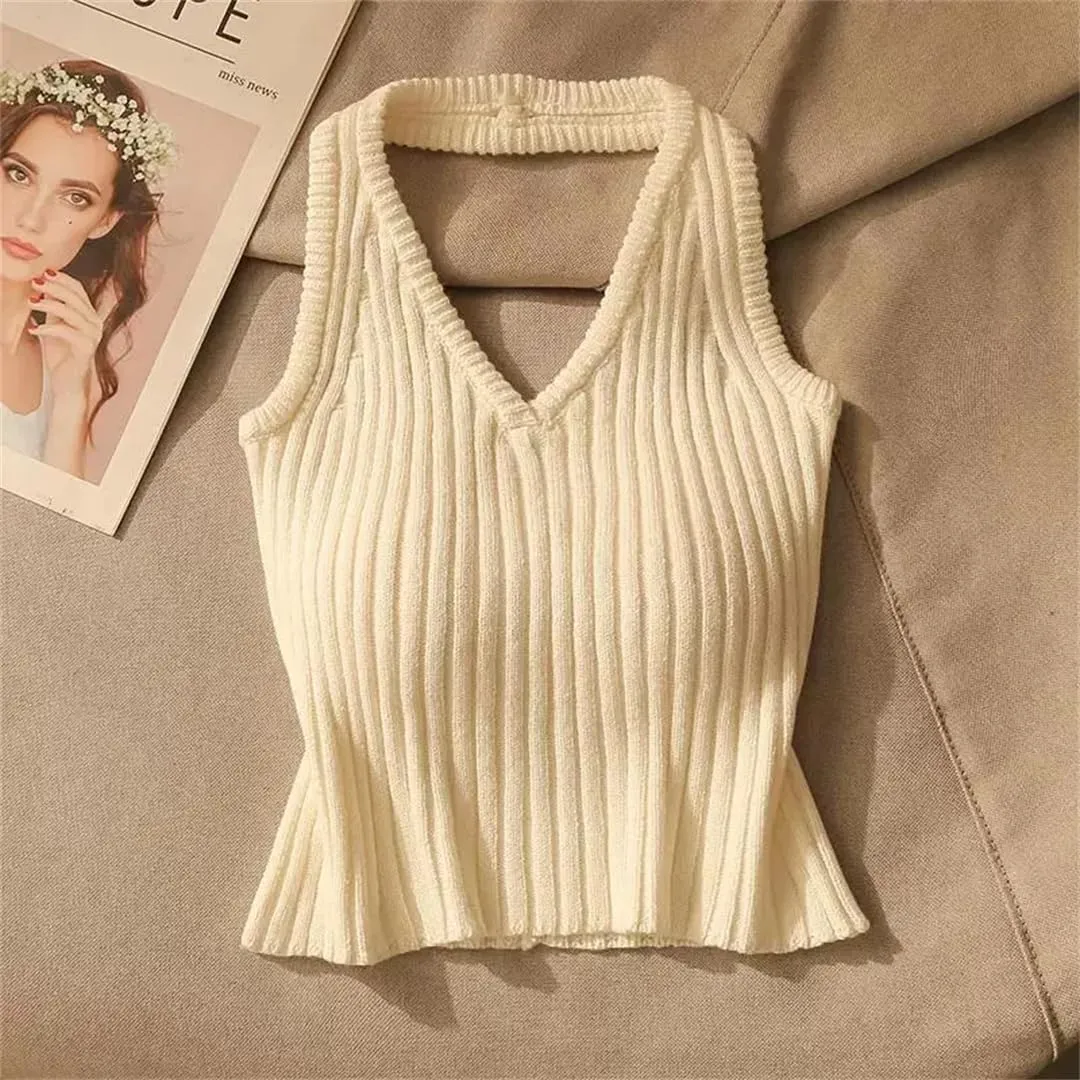 Women's Halter Backless Solid Color Screw Thread Short Sleeveless Slim Sweater Vest Knitted Camisole Tops