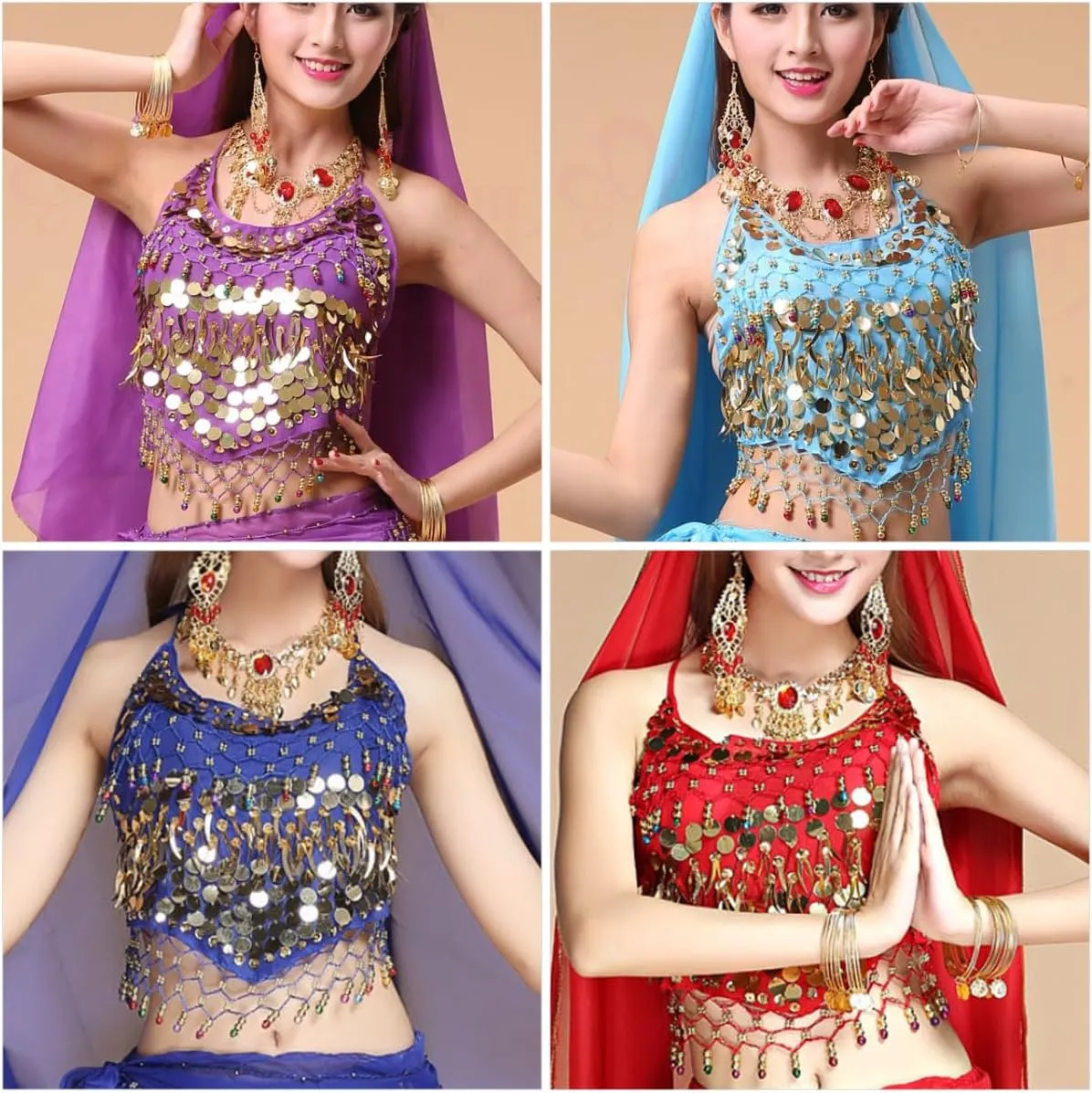 Women's Halter Neck Bra for Belly Dance, Backless Padded Camisole Halter Crop, Sequins Belly Dance Crop Top
