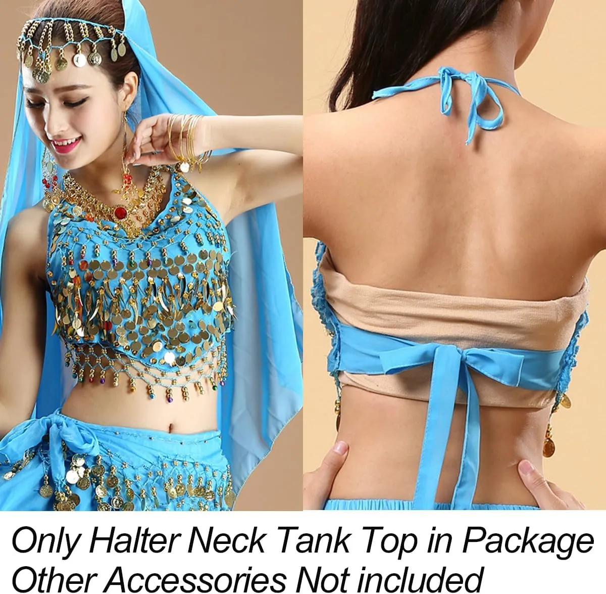 Women's Halter Neck Bra for Belly Dance, Backless Padded Camisole Halter Crop, Sequins Belly Dance Crop Top