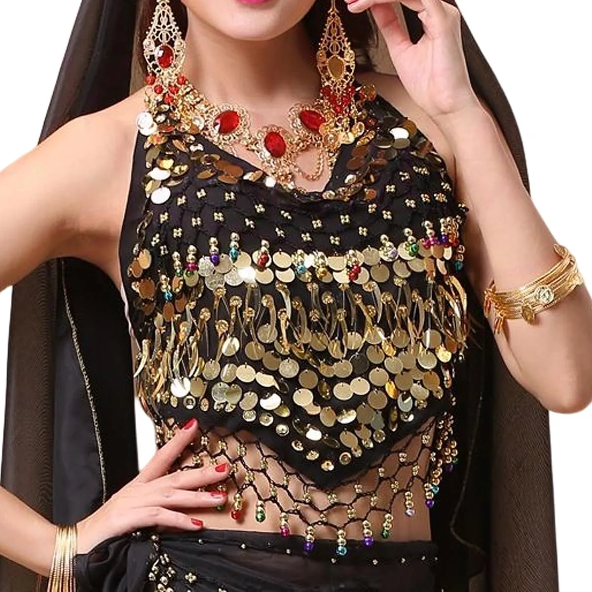 Women's Halter Neck Bra for Belly Dance, Backless Padded Camisole Halter Crop, Sequins Belly Dance Crop Top