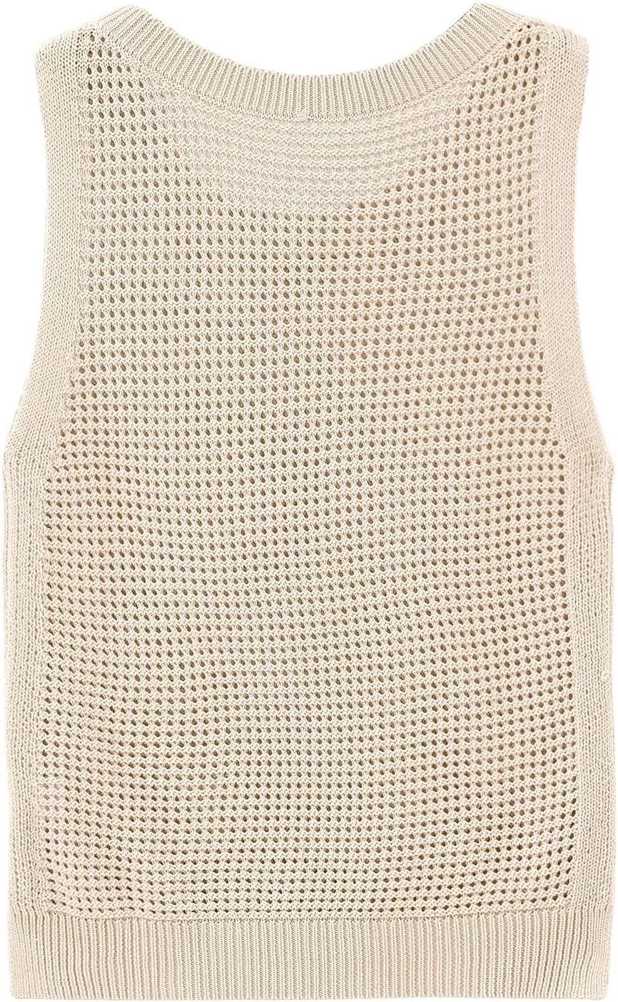 Womens Knit Sweater Vest Summer Tank Tops Round Neck Crochet Hollow Out Sleeveless Crop Top