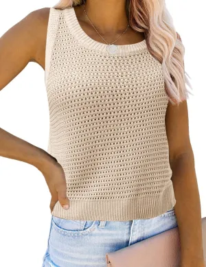 Womens Knit Sweater Vest Summer Tank Tops Round Neck Crochet Hollow Out Sleeveless Crop Top