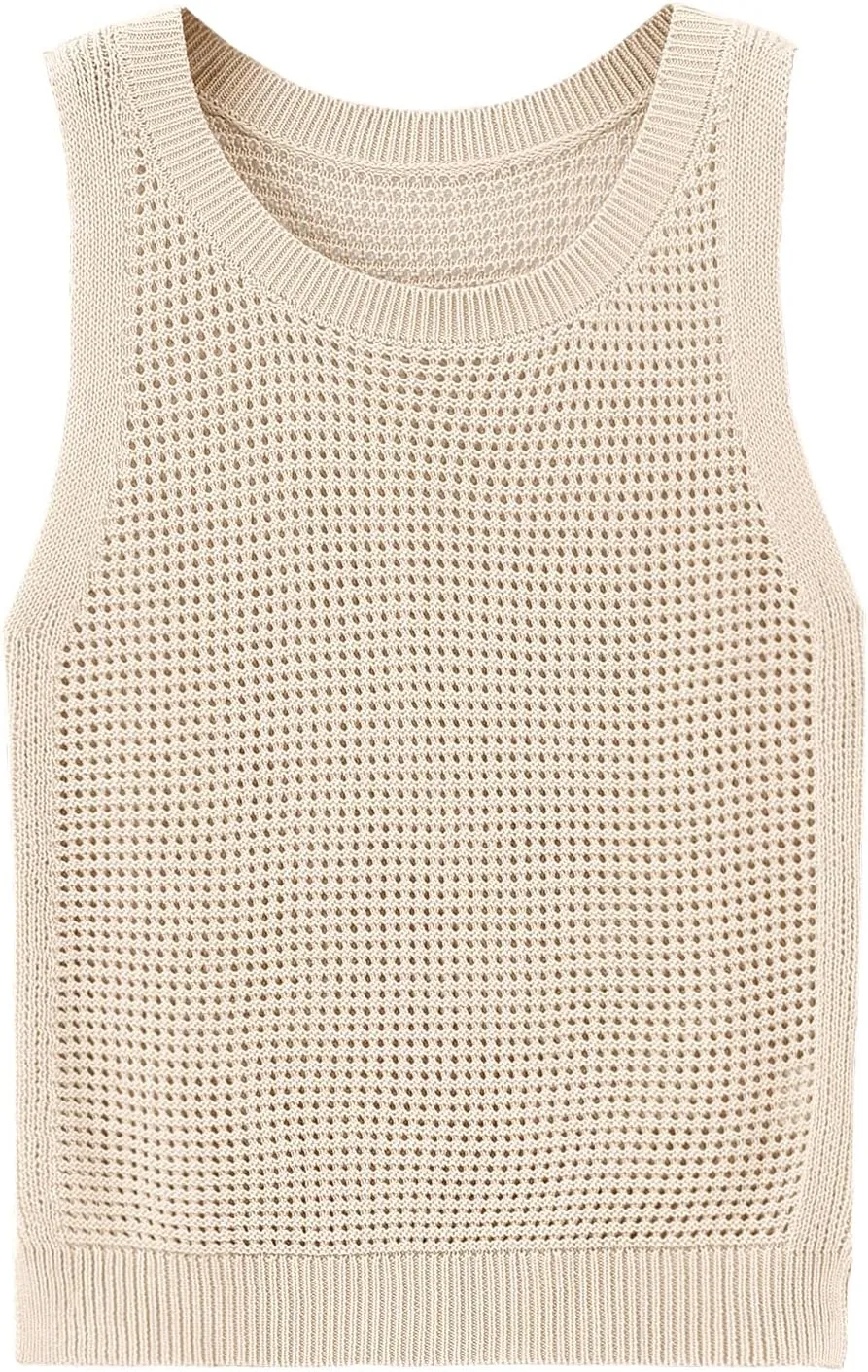 Womens Knit Sweater Vest Summer Tank Tops Round Neck Crochet Hollow Out Sleeveless Crop Top