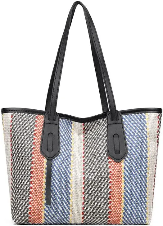 Women's Large Capacity Striped Tote Bag Trendy Color Stripe Work Travel Satchel Handbag Contrast Hobo Shoulder Purse (Black)