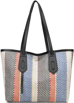 Women's Large Capacity Striped Tote Bag Trendy Color Stripe Work Travel Satchel Handbag Contrast Hobo Shoulder Purse (Black)